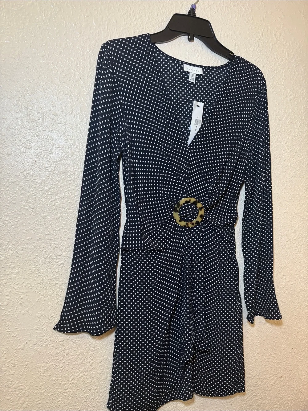 Topshop Black and White Polka Dot Long-Sleeve Wrap Romper with Buckle